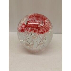 Murano Style Art Glass Large Heavy Round Pink Clear Paperweight Sculpture